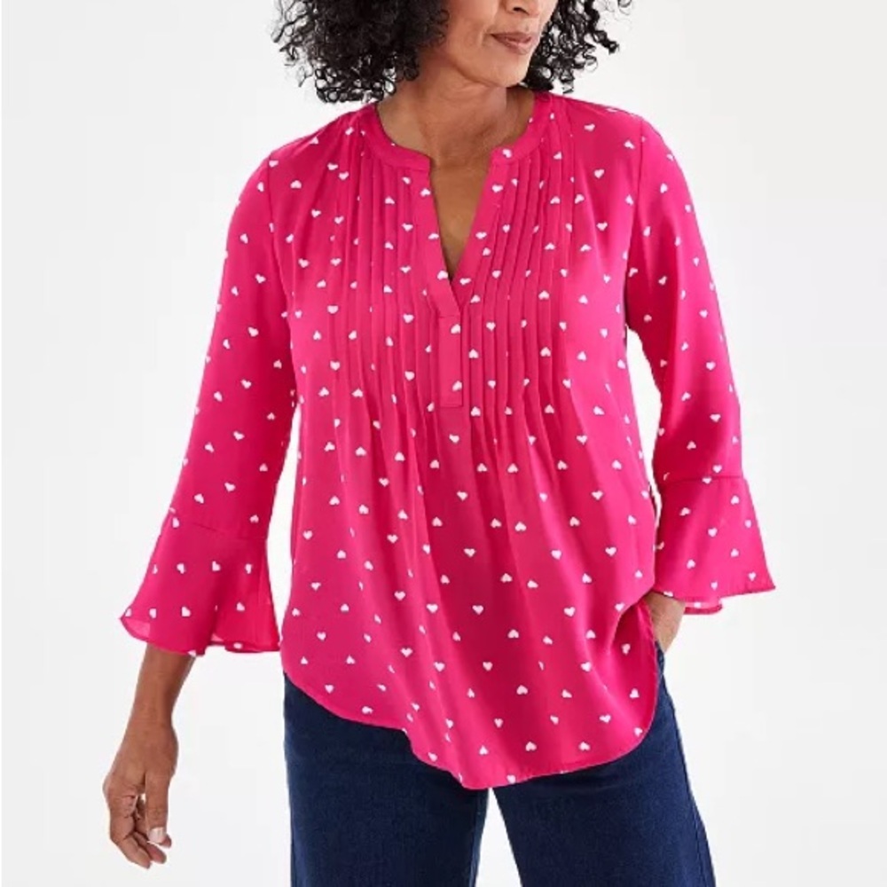 Women's Pink Printed Pintuck Ruffle Sleeve Top with white hearts 🩷🤍🩷